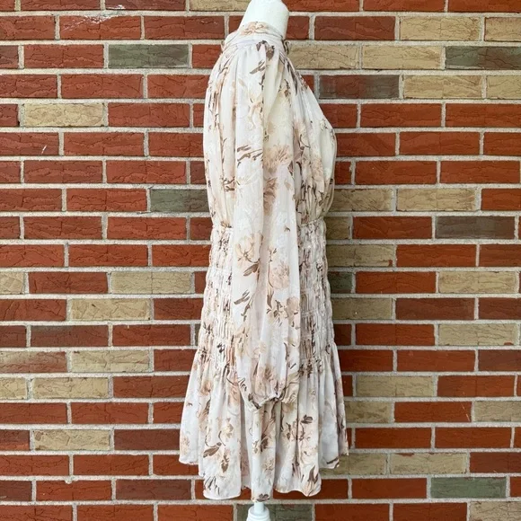 House of Harlow NWT 1960 Long Sleeve Cream Tan Floral Smocked Mini Dress 👗 - Picture 7 of 17